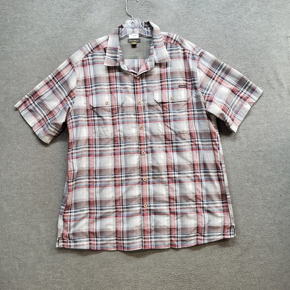 Eddie Bauer Men Button Up Shirt XL Travex Plaid Nylon Blend Outdoor Mesh